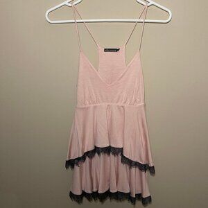 Pink and Gray Y2K pink ruffle lace top